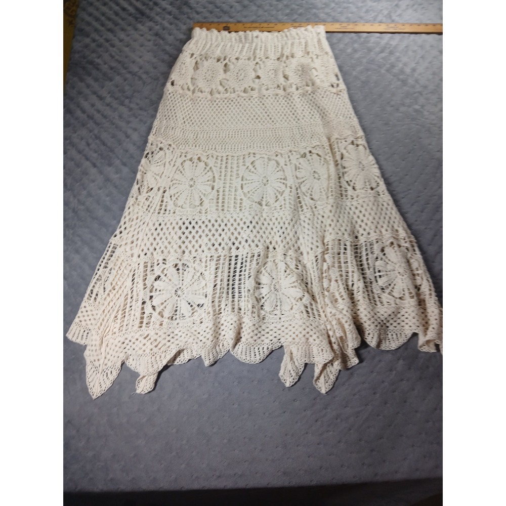 Liv Los Angeles Cream Cotton Crochet Maxi Skirt Floral Boho Tiered L - Picture 1 of 6